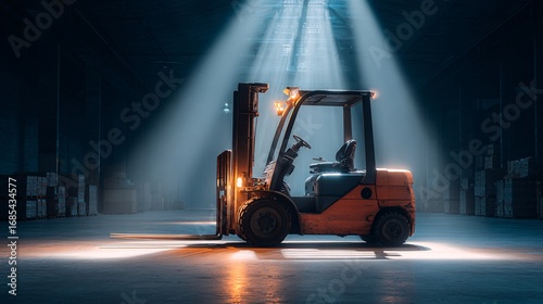 Industrial Forklift in Warehouse with Dramatic Light Effects