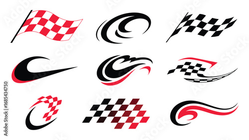 Dynamic Racing Stripes Vector Illustration – Bold Black and Red Color Scheme with Checkered Patterns for High-Speed Automotive Graphics, Sport Car Decals, and Vehicle Customization Designs
