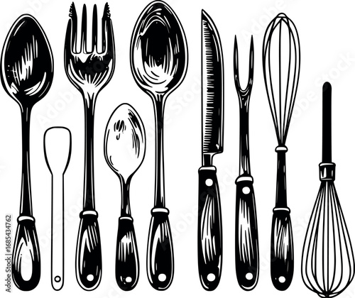 Hand-drawn kitchen utensils doodle set. Black outline cooking tools collection including spoon, fork, knife and spatula isolated on white background.