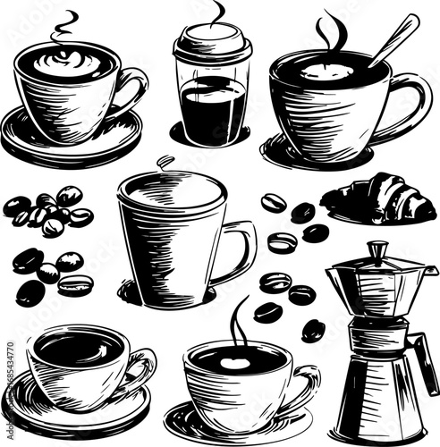 Hand-drawn coffee icons set. Sketch style cappuccino cup, beans, croissant and coffee maker vector illustrations.