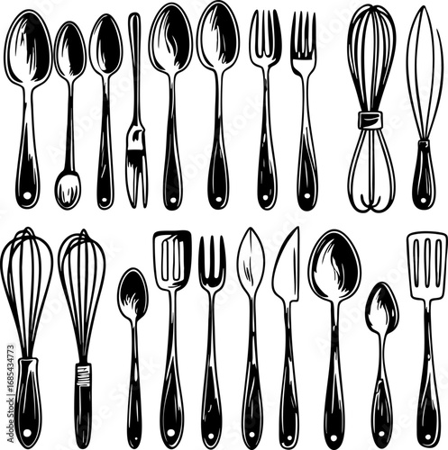 Hand-drawn kitchen utensils doodle set. Black outline cooking tools collection including spoon, fork, knife and spatula isolated on white background.