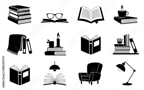 Vector icon set stacked books open books glasses candle lamp armchair knowledge vector