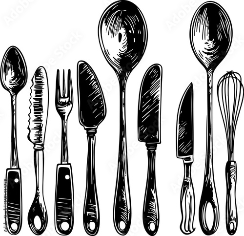 Hand-drawn kitchen utensils doodle set. Black outline cooking tools collection including spoon, fork, knife and spatula isolated on white background.