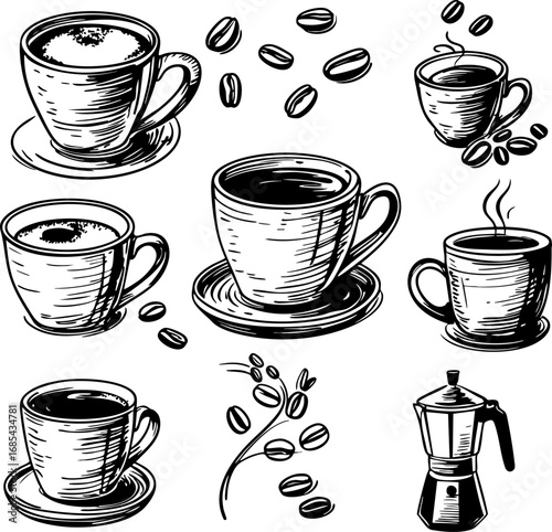 Hand-drawn coffee icons set. Sketch style cappuccino cup, beans, croissant and coffee maker vector illustrations.