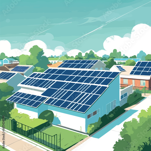 Solar panel rooftop installation in eco-friendly suburban neighborhood, flat vector illustration