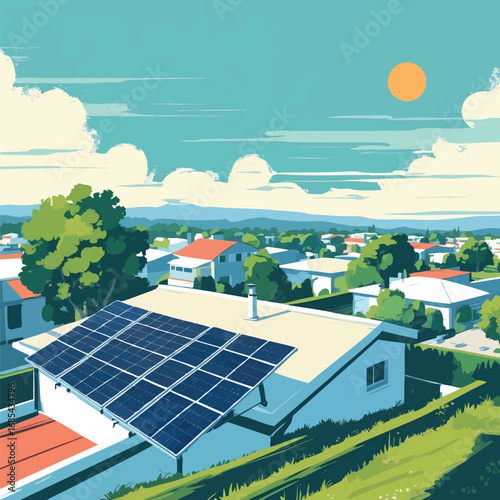 Solar panel rooftop installation in eco-friendly suburban neighborhood, flat vector illustration