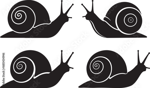 Four black snail silhouettes facing each other in opposite directions