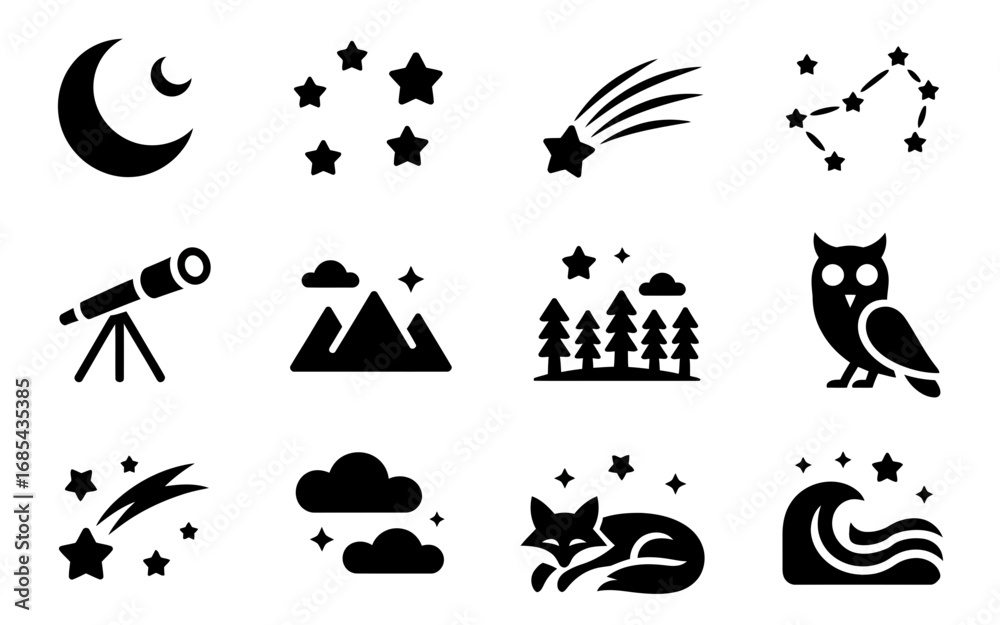 Naklejka premium Collection of 12 celestial and night themed vector icons for sky and nature illustrations vector