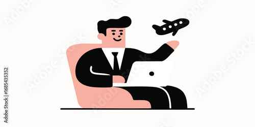 An illustrated businessman planning a trip with a laptop, contemplating travel adventures with an airplane icon. This image captures the essence of travel and exploration.