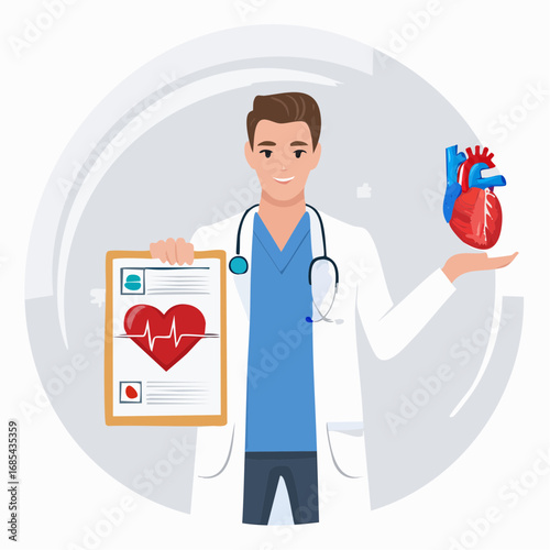 Vector illustration of a friendly cardiologist explaining cardiovascular health with a human heart model and EKG report