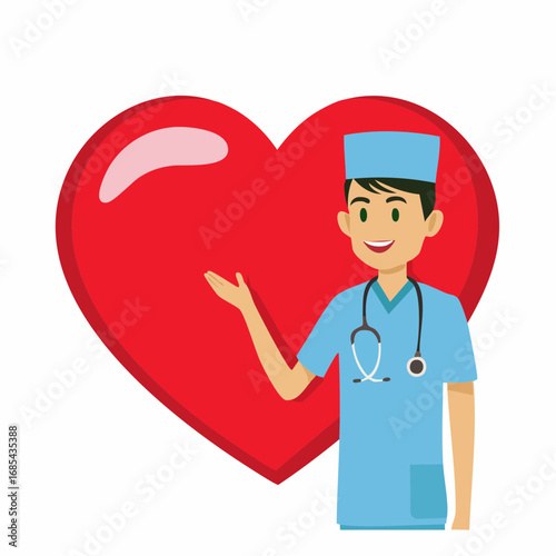 Cartoon illustration of a friendly male nurse or doctor promoting cardiac health and wellness with a heart symbol