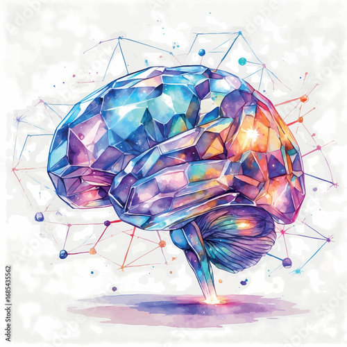 Mystical AI Crystal Brain in Watercolor. Iridescent Neural Connections with Sacred Geometry Elements, Isolated on White