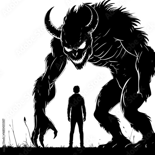 Fear and bravery outline. Person between shadow monster and light, symbolic black and white vector.