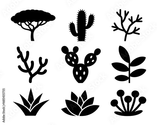 Set of 9 black silhouette illustrations of diverse plants and trees vector scalable graphic vector
