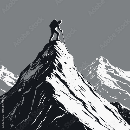 Determined climber outline. Minimalist black and white vector of perseverance and strength.