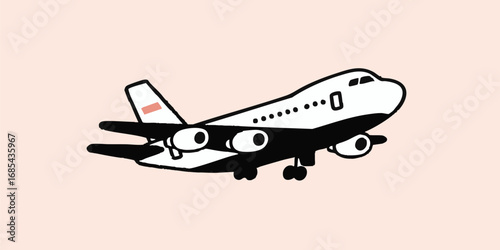 An illustrated commercial airplane soaring through the sky, a simple and clean depiction. Ideal for use in travel, transport, and aviation-themed designs.