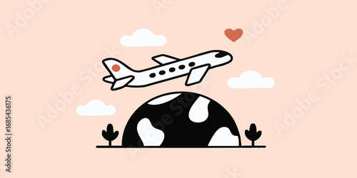 An illustration of a plane journeying across the globe, symbolizing travel and the love of exploration, the illustration employs simple shapes and soft colors.