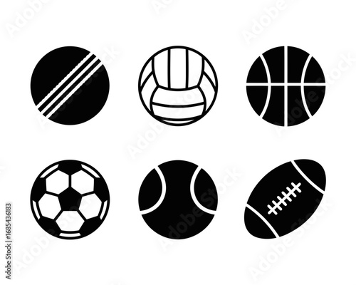 Vector set of six black and white sports balls for graphic design and illustration vector