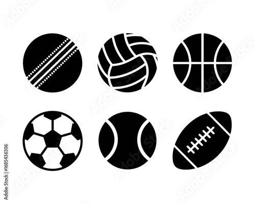 Six diverse sports balls vector graphic collection scalable black and white illustration vector