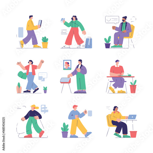 Diverse group of people in casual clothing engaged in various activities like working on laptops, talking on phones, and carrying bags, isolated on white background technology background
