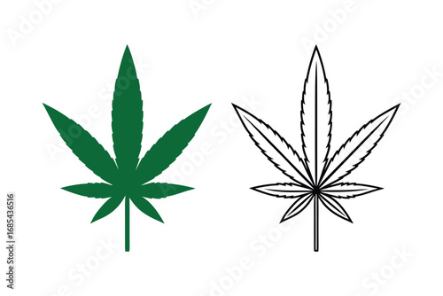 Green and black line cannabis leaves on white background silhouette