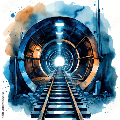 Underground Mining Tunnel Watercolor. Industrial Heritage Illustration with Rail Tracks in Deep Blues and Earth Tones for Resource Industry Art