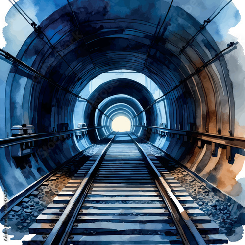 Underground Mining Tunnel Watercolor. Industrial Heritage Illustration with Rail Tracks in Deep Blues and Earth Tones for Resource Industry Art
