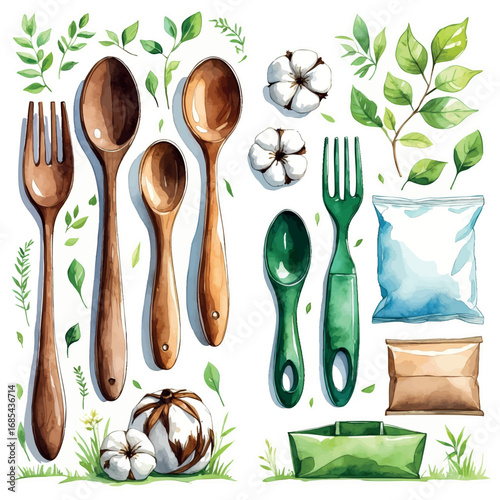 Natural versus Plastic Materials in Watercolor - Educational Comparison Illustration