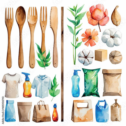 Natural versus Plastic Materials in Watercolor - Educational Comparison Illustration