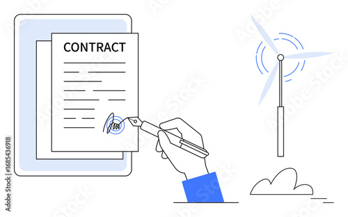 Hand signing contract with pen, featuring wind turbine in background. Ideal for sustainability, renewable energy, legal agreements, eco-friendly initiatives, climate action, business deals, simple