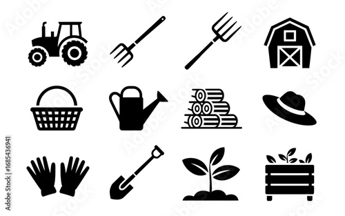 Vector icon pack farm agriculture tractor barn pitchfork watering can gardening tools and crops vector