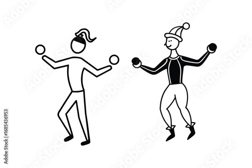 Two jugglers in different costumes performing with balls in a playful scene silhouette
