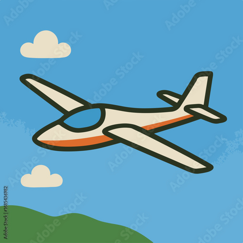 Illustration of a glider soaring through a bright blue sky with fluffy white clouds, representing flight.