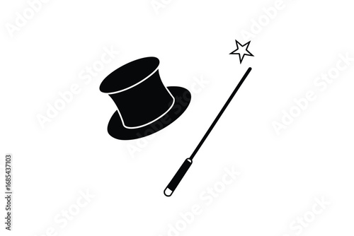 A black top hat and magic wand with a star on a white background silhouette
