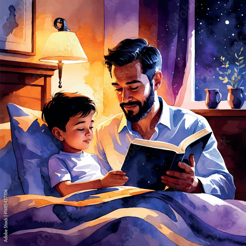 Father reading bedtime story to son watercolor portrait. Tender intimate family moment in warm amber and purple night colors isolated on white background.