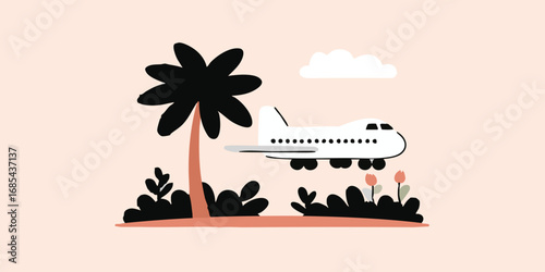 An illustration of a passenger jet soaring through the sky, passing over a tropical island with palm trees and lush vegetation. The scene depicts a clear sky.