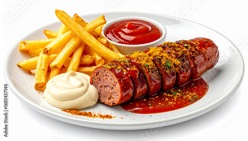 German currywurst sausage sliced and topped with curry ketchup and curry powder