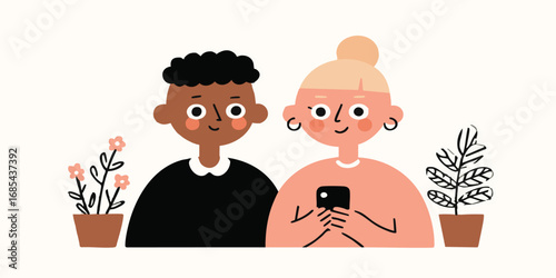 An illustrated couple sharing a moment. Capture the essence of modern connection. Focus on relationship. Depicts diverse personalities.