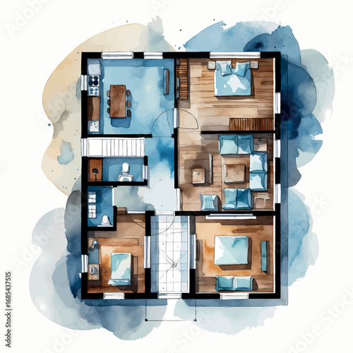 Watercolor architectural floor plan illustration. Artistic technical home layout diagram with soft colors isolated on white background.