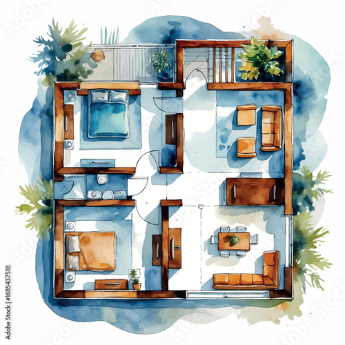 Watercolor architectural floor plan illustration. Artistic technical home layout diagram with soft colors isolated on white background.