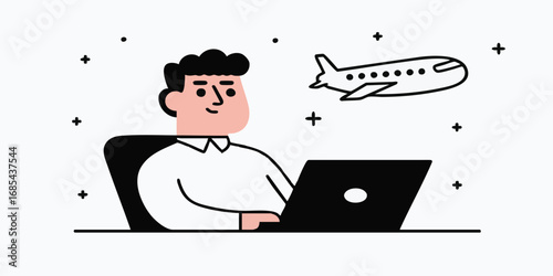 A digital nomad works diligently on his laptop with airplane in the sky.