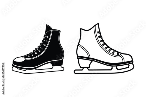 Ice skates for men and women in black and white illustration silhouette