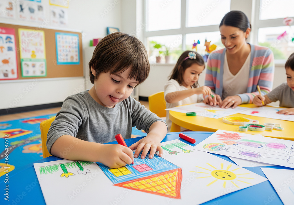 Fototapeta premium Preschoolers drawing with crayons