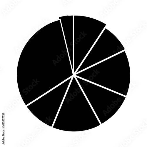 Black pie chart silhouette divided into unequal slices isolated on white background