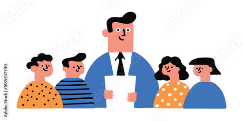 A well-dressed leader in a corporate setting surrounded by his team, fostering collaboration and support in a vector illustration. 
