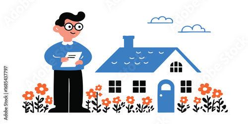 A friendly house inspector stands confidently, pen and clipboard in hand, ready to assess a charming cottage with lush flower beds in this illustration, showcasing safety.