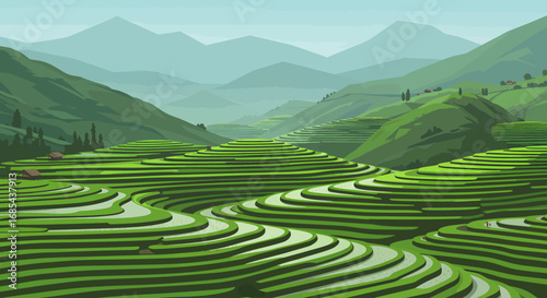 Scenic view of fertile green terraced rice fields