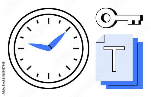 Clock with blue hands, key, stack of documents. Ideal for time management, security, productivity, schedules, safe access, organization simple landing page