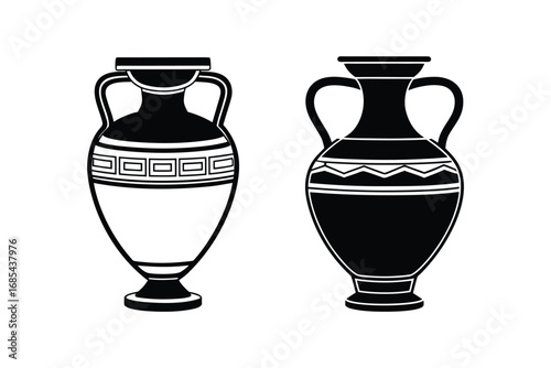 Two Ancient Greek Style Urns or Vases with Handles and Decorative Patterns silhouette