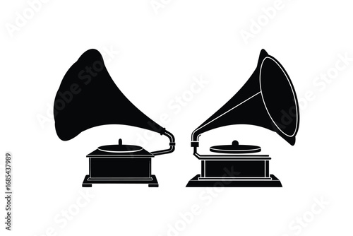 Vintage gramophone record players in black and white illustration silhouette